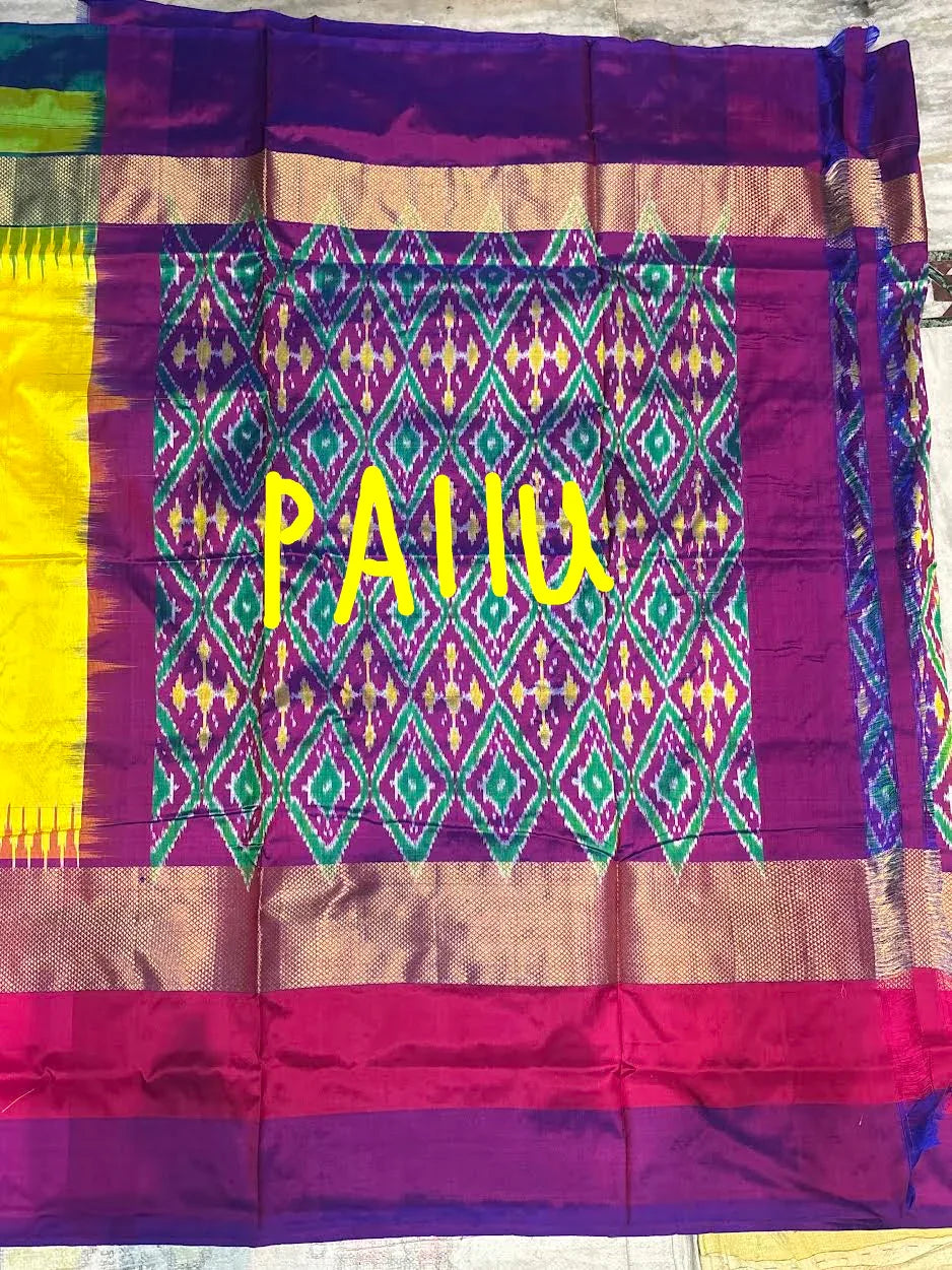 Pure Ikkat Silk Saree in Sunshine Yellow with Ganga Jamuna Border | Heavy Geometric Purple Pallu &amp; Matching Ikkat Designer Blouse | Traditional Handloom Silk for Weddings - pochampallysarees.com