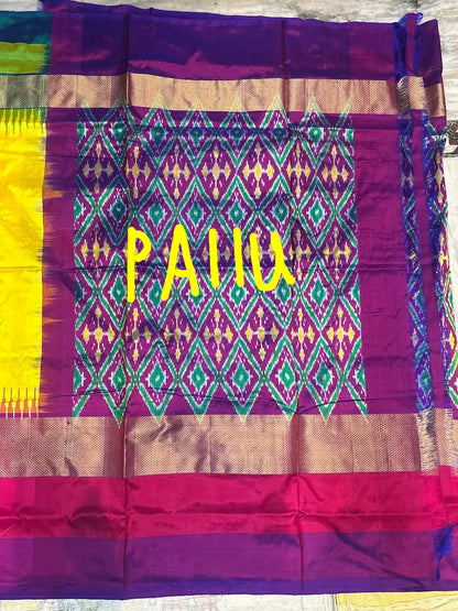 Pure Ikkat Silk Saree in Sunshine Yellow with Ganga Jamuna Border | Heavy Geometric Purple Pallu &amp; Matching Ikkat Designer Blouse | Traditional Handloom Silk for Weddings - pochampallysarees.com
