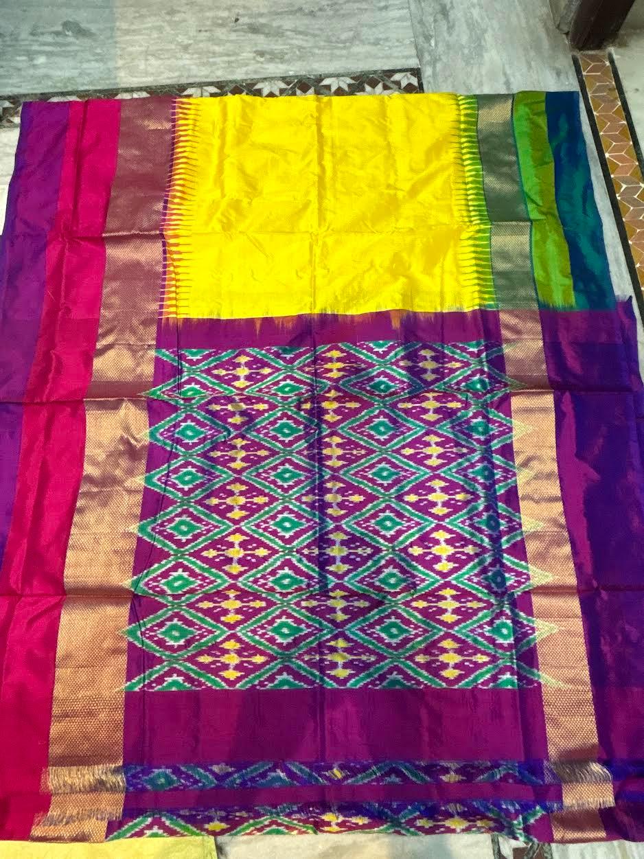 Pure Ikkat Silk Saree in Sunshine Yellow with Ganga Jamuna Border | Heavy Geometric Purple Pallu &amp; Matching Ikkat Designer Blouse | Traditional Handloom Silk for Weddings - pochampallysarees.com