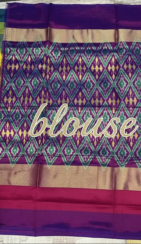 Pure Ikkat Silk Saree in Sunshine Yellow with Ganga Jamuna Border | Heavy Geometric Purple Pallu &amp; Matching Ikkat Designer Blouse | Traditional Handloom Silk for Weddings - pochampallysarees.com