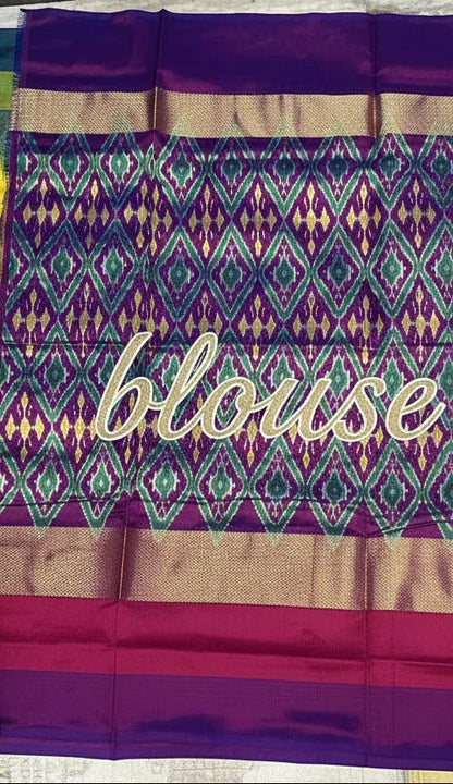 Pure Ikkat Silk Saree in Sunshine Yellow with Ganga Jamuna Border | Heavy Geometric Purple Pallu &amp; Matching Ikkat Designer Blouse | Traditional Handloom Silk for Weddings - pochampallysarees.com