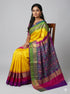 Pure Ikkat Silk Saree in Sunshine Yellow with Ganga Jamuna Border | Heavy Geometric Purple Pallu & Matching Ikkat Designer Blouse | Traditional Handloom Silk for Weddings - pochampallysarees.com