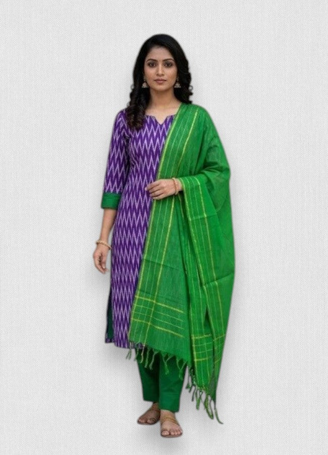Purple Zig-Zag Ikat &amp; Emerald Green Handloom Suit Set
