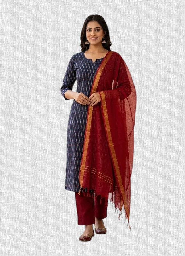 Navy Blue Ikat & Deep Red Handloom Suit Set - pochampallysarees.com