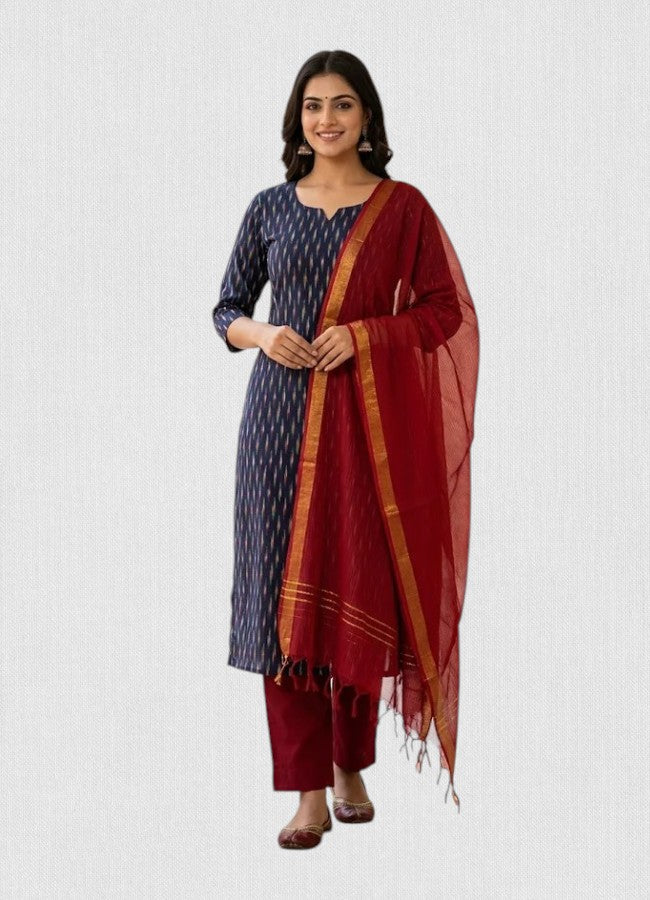 Navy Blue Ikat &amp; Deep Red Handloom Suit Set
