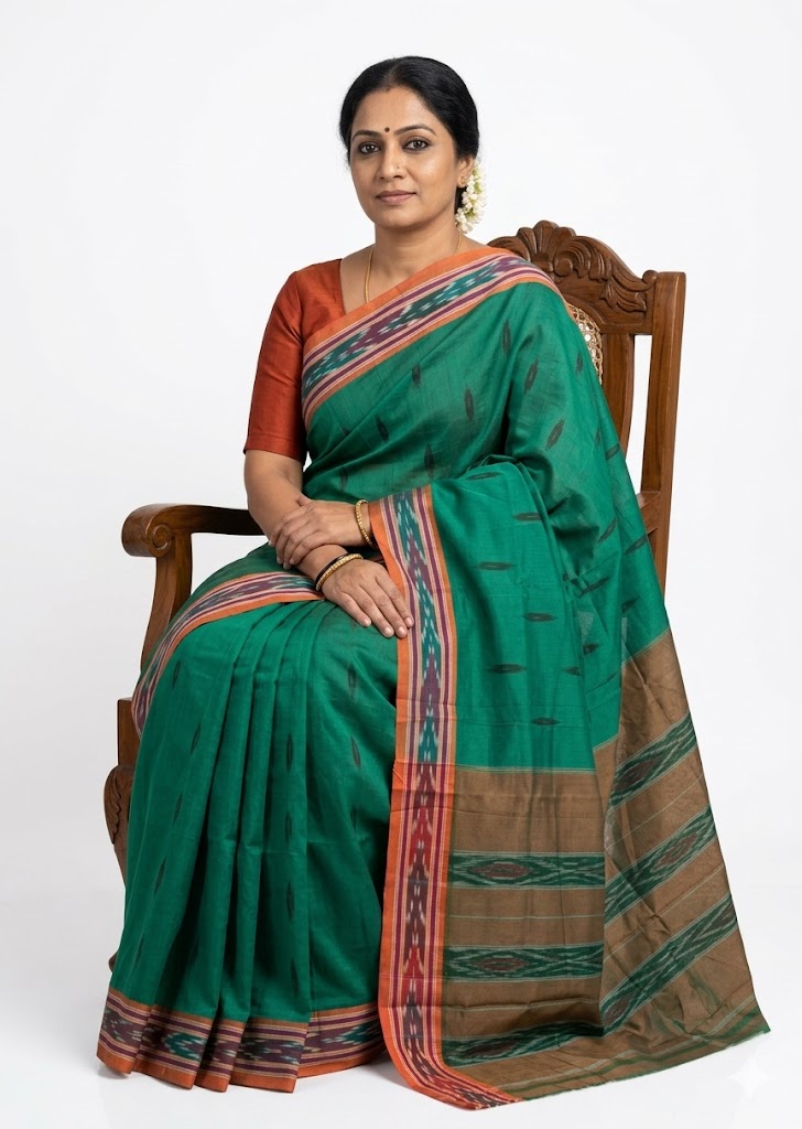 Classic Forest Green Pochampally Ikat Cotton Saree - pochampallysarees.com