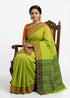 Vibrant Lime Green Checked Pochampally Ikat Cotton Saree - pochampallysarees.com
