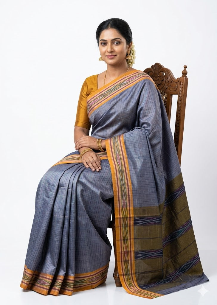 Authentic Handloom Pochampally Ikat Cotton Saree - Checked - Grey - pochampallysarees.com