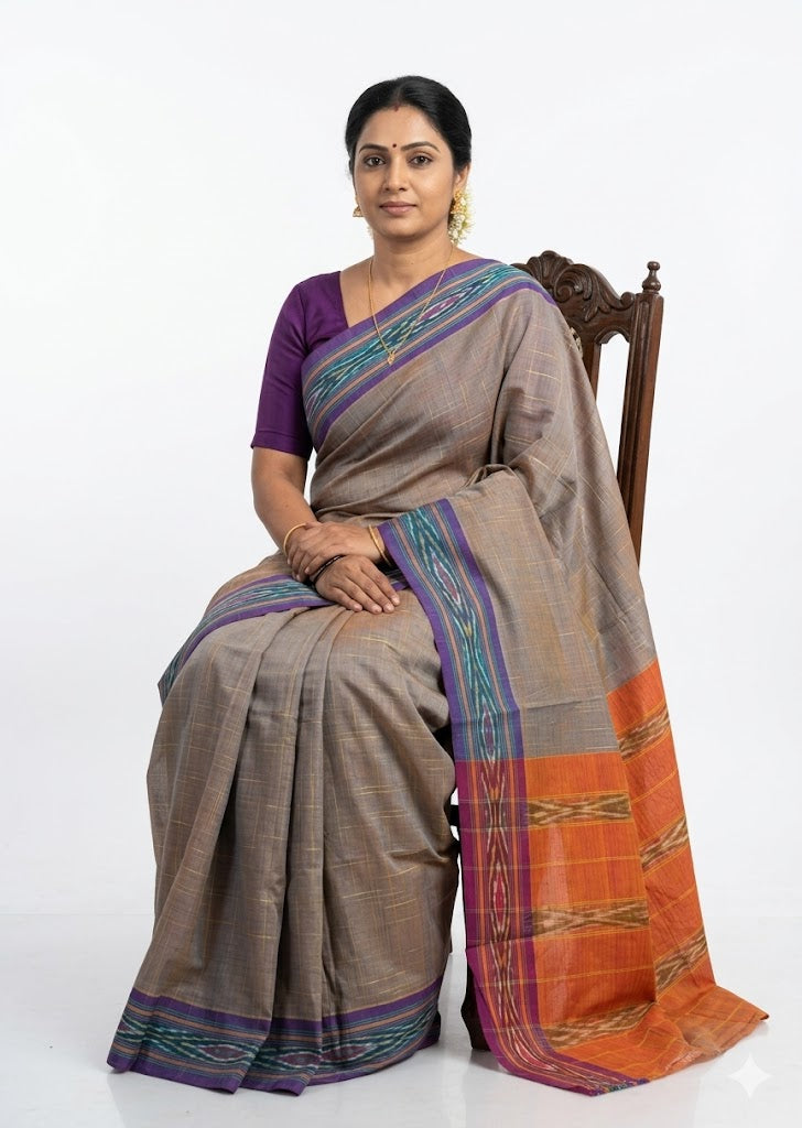 Elegant Taupe Grey Pochampally Ikat Cotton Saree - pochampallysarees.com