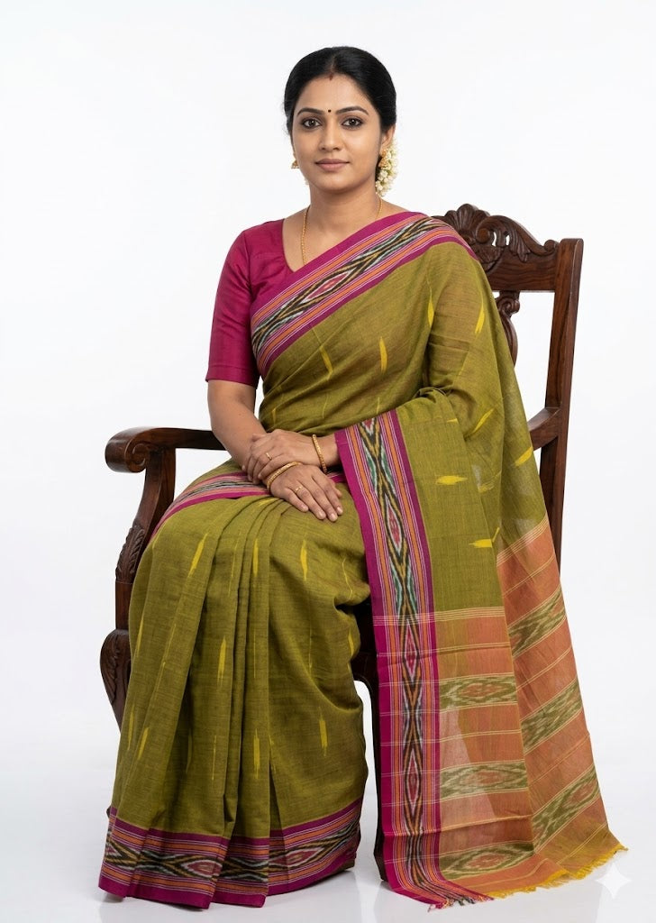 Earthy Olive Green Pochampally Ikat Cotton Saree - pochampallysarees.com
