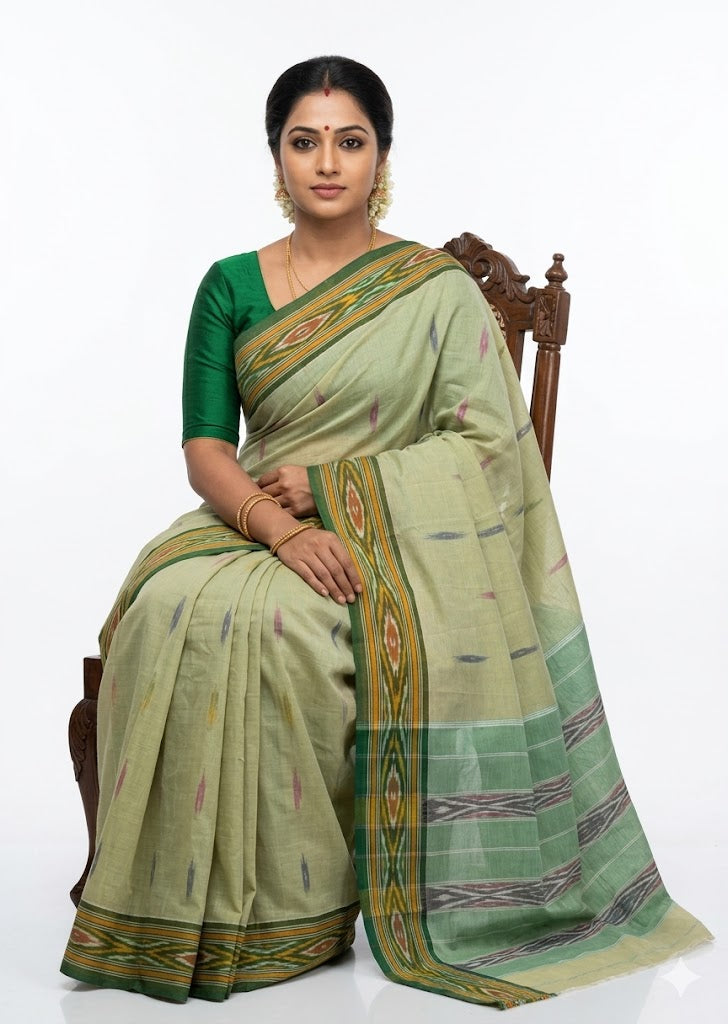 Pale Pistachio Green Pochampally Ikat Cotton Saree - pochampallysarees.com