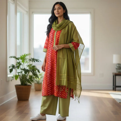 IKKAT COTTON TOP FABRIC RED PANT AND CHUNNI OLIVE GREEN DRESS MATERIAL - pochampallysarees.com