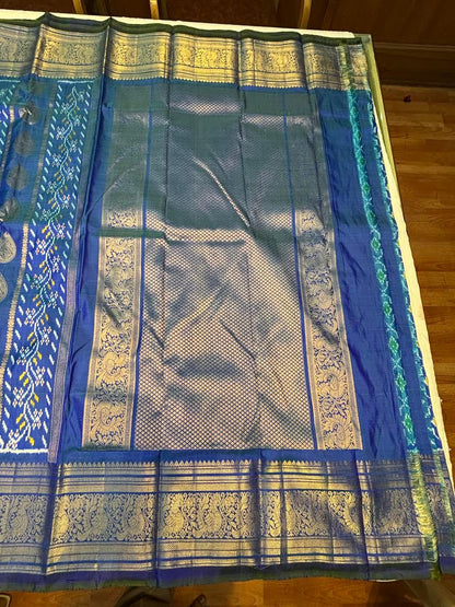 Royal Blue Pochampally Ikat Kanchi Silk Saree with Rich Gold Zari Border &amp; Grand Pallu | Traditional Wedding Pattu Saree - pochampallysarees.com
