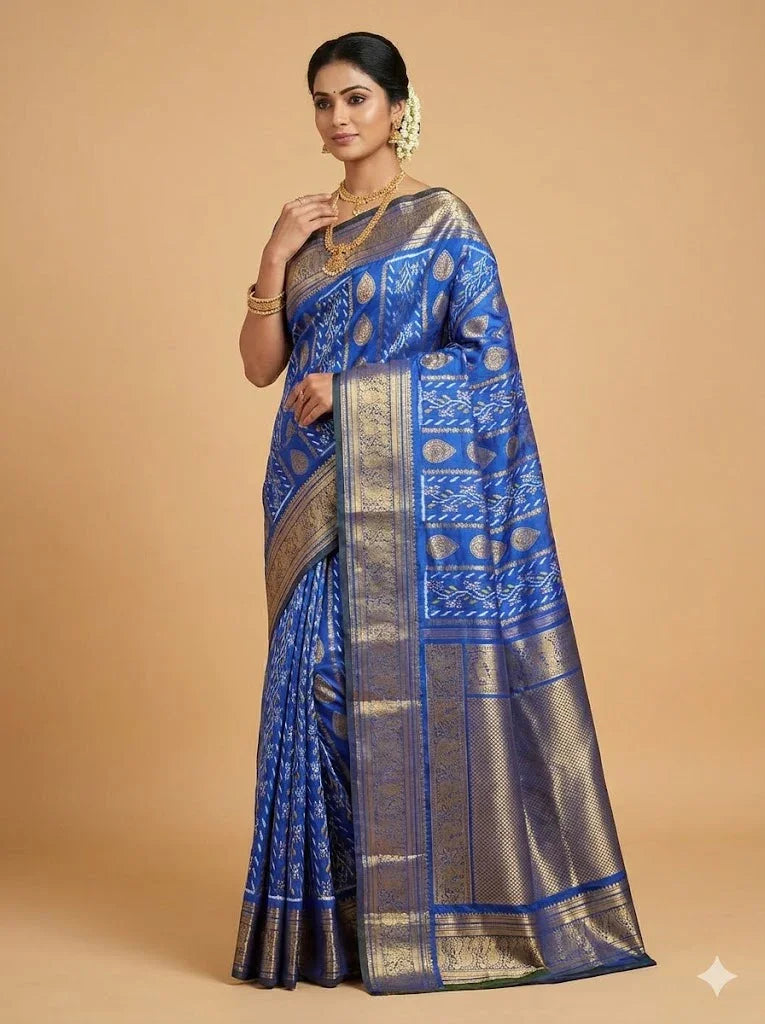 Royal Blue Pochampally Ikat Kanchi Silk Saree with Rich Gold Zari Border &amp; Grand Pallu | Traditional Wedding Pattu Saree - pochampallysarees.com