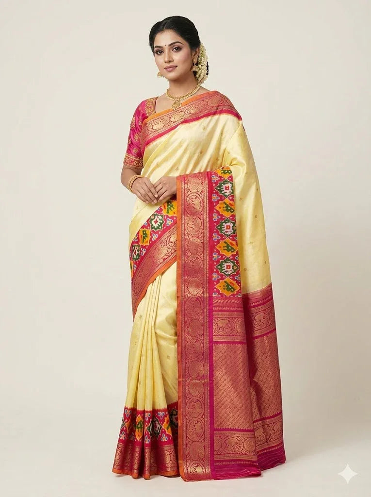 Authentic Cream &amp; Red Pochampally Kanchi Ikkat Silk Saree with Rich Zari Border &amp; Grand Pallu | Wedding &amp; Festive Wear - pochampallysarees.com