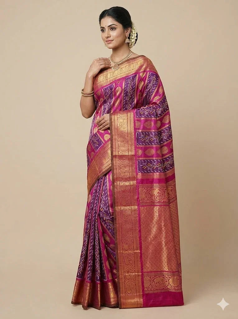 Pure Pochampally Ikat Silk Saree with Heavy Kanchi Gold Zari Border | Dual-Tone Magenta &amp; Purple Fusion Wedding Saree - pochampallysarees.com