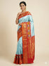 Pochampally Kanchi Fusion Silk Saree | Sky Blue with Red Ikat Border & Kanjeevaram Pallu | Handloom Bridal & Festive Wear - pochampallysarees.com