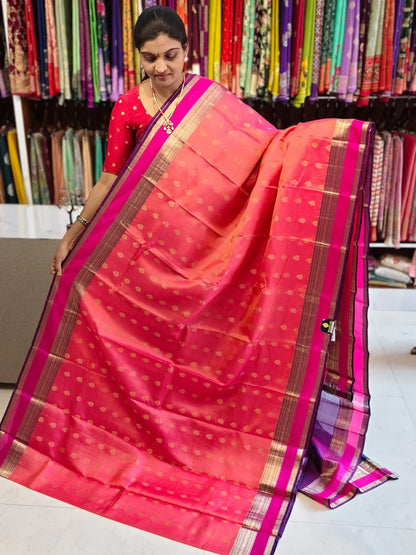 Pure kanchipuram tissue silk saree Orange with floral design motif and long rich floral design border - pochampallysarees.com