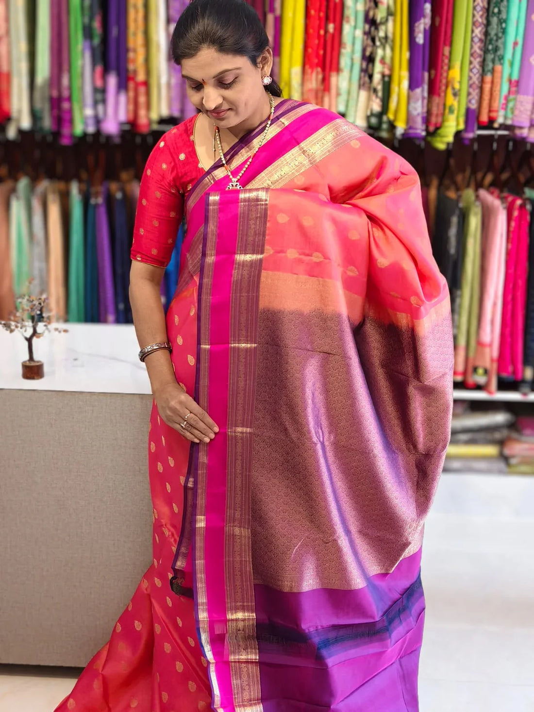 Pure kanchipuram tissue silk saree Orange with floral design motif and long rich floral design border - pochampallysarees.com