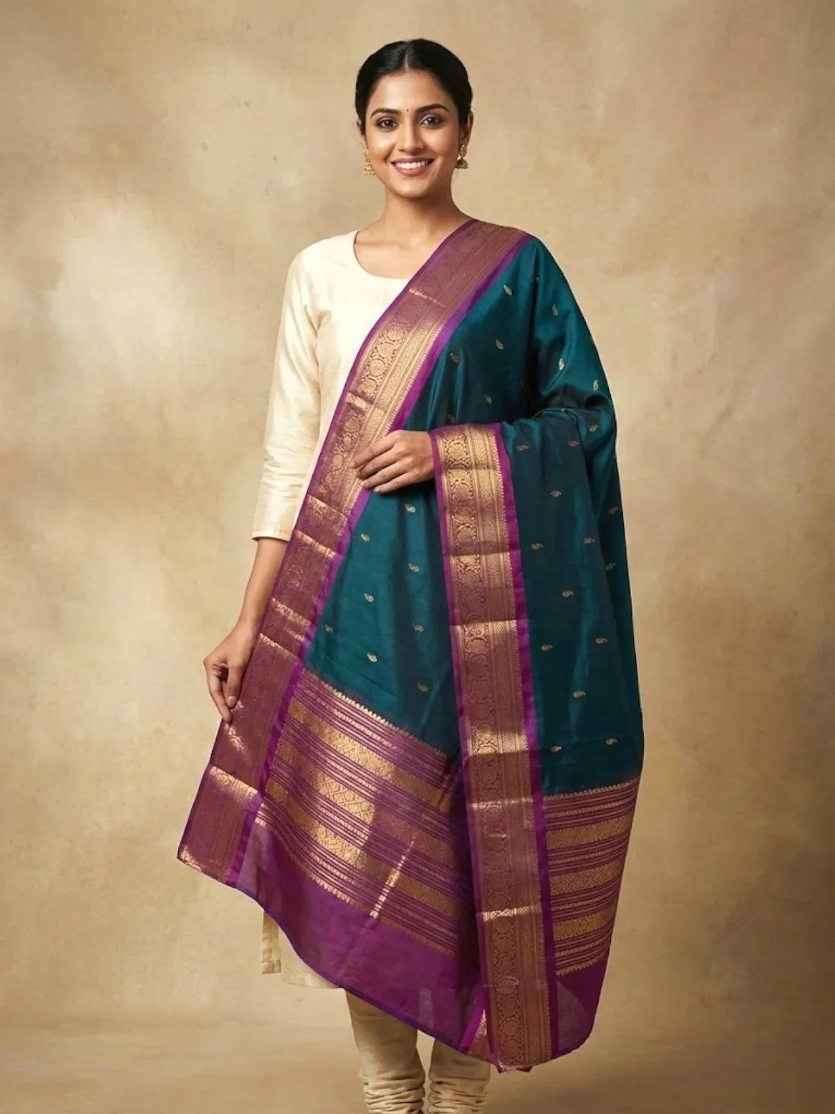 kanchipuram silk dupatta Peacock Blue - pochampallysarees.com