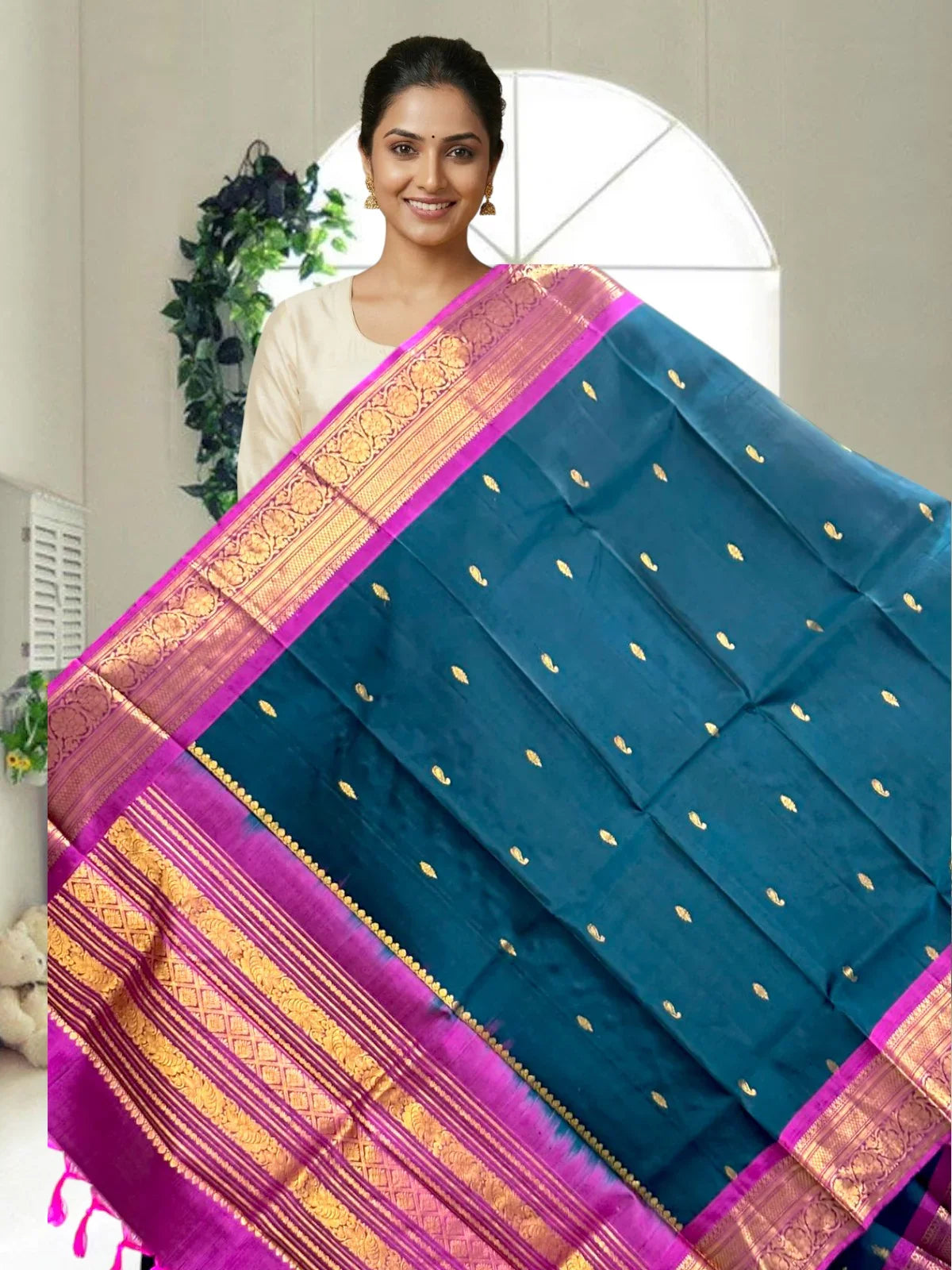 kanchipuram silk dupatta Peacock Blue - pochampallysarees.com