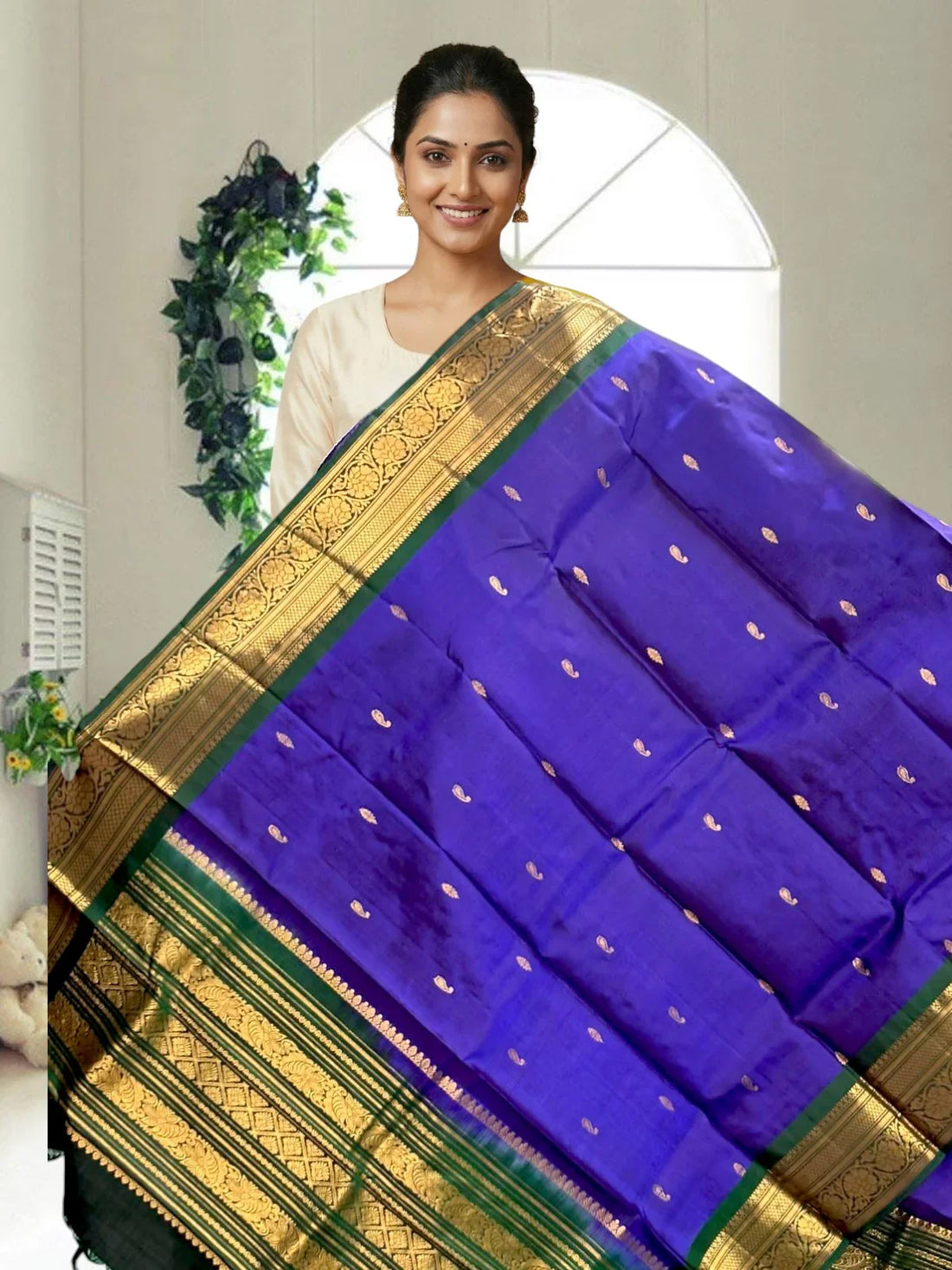 kanchipuram silk dupatta Voilet Green - pochampallysarees.com