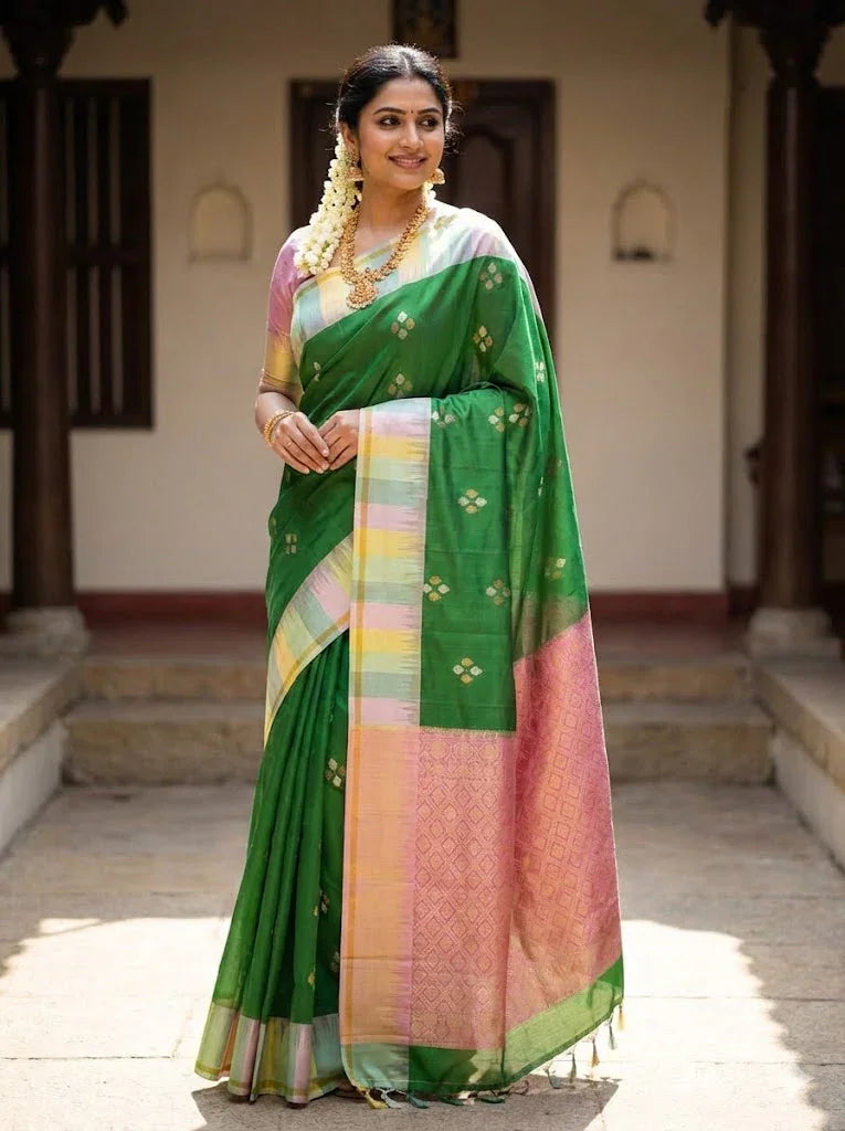 Kanchi Soft Silk Saree Green | Gold &amp; Silver Buttas, Multi-Color Pastel Border &amp; Rich Pink Zari Pallu | Festive Wear - pochampallysarees.com