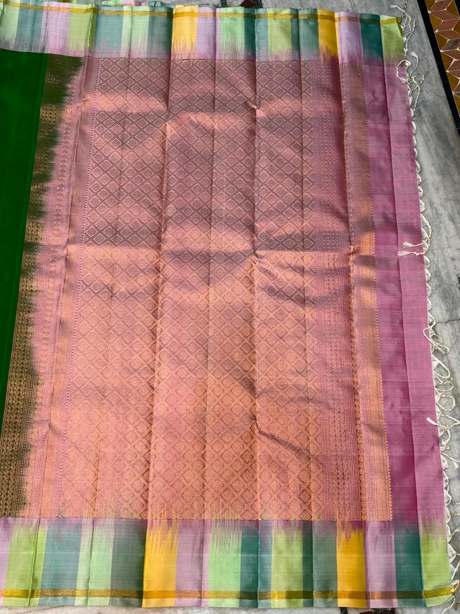 Kanchi Soft Silk Saree Green | Gold &amp; Silver Buttas, Multi-Color Pastel Border &amp; Rich Pink Zari Pallu | Festive Wear - pochampallysarees.com