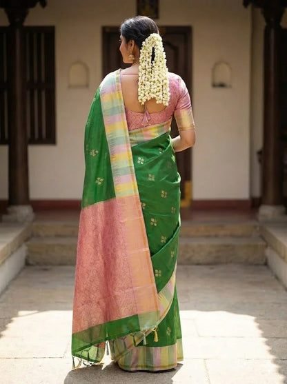 Kanchi Soft Silk Saree Green | Gold &amp; Silver Buttas, Multi-Color Pastel Border &amp; Rich Pink Zari Pallu | Festive Wear - pochampallysarees.com