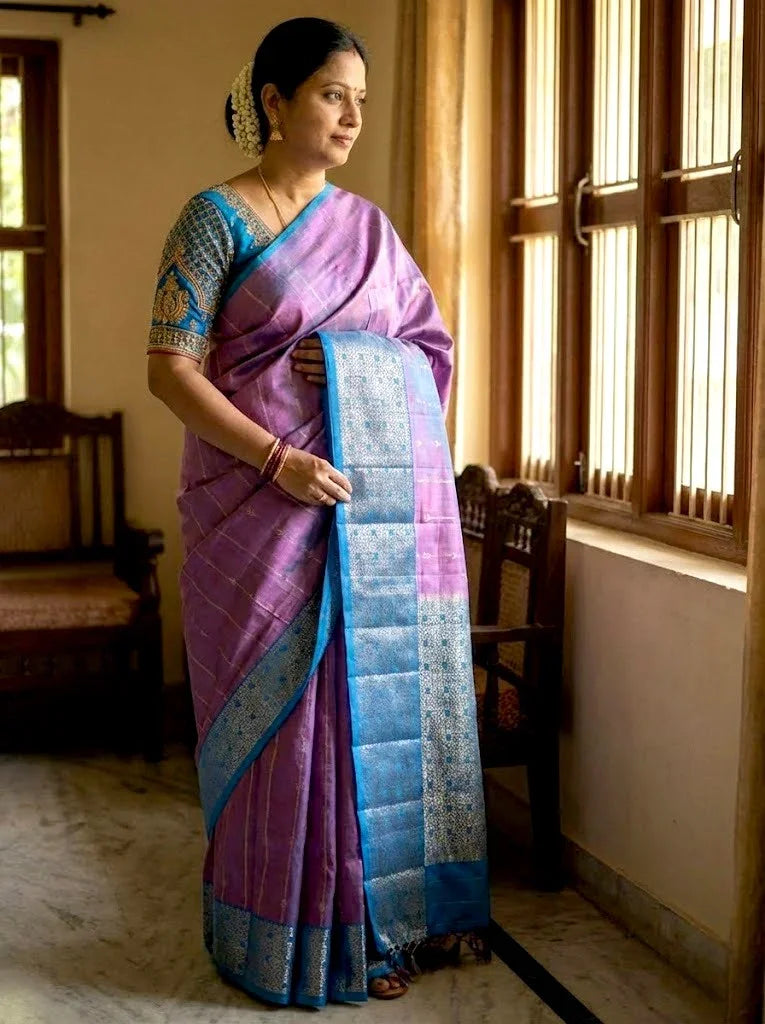 Lavender Purple Kanchi Soft Silk Saree with Contrast Ananda Blue Zari Border | Lightweight Festive Wear - pochampallysarees.com