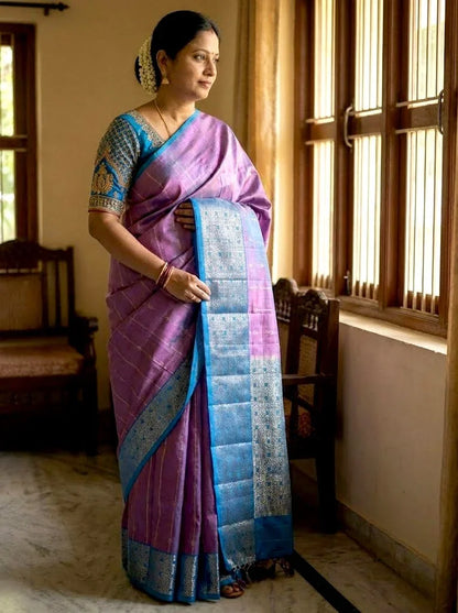 Lavender Purple Kanchi Soft Silk Saree with Contrast Ananda Blue Zari Border | Lightweight Festive Wear - pochampallysarees.com