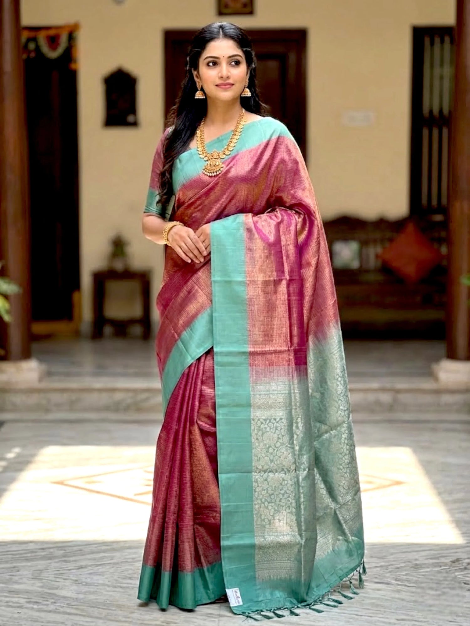 Luxurious Magenta &amp; Teal Soft Silk Tissue Saree with Intricate Zari Pallu | Lightweight Festive Wear - pochampallysarees.com