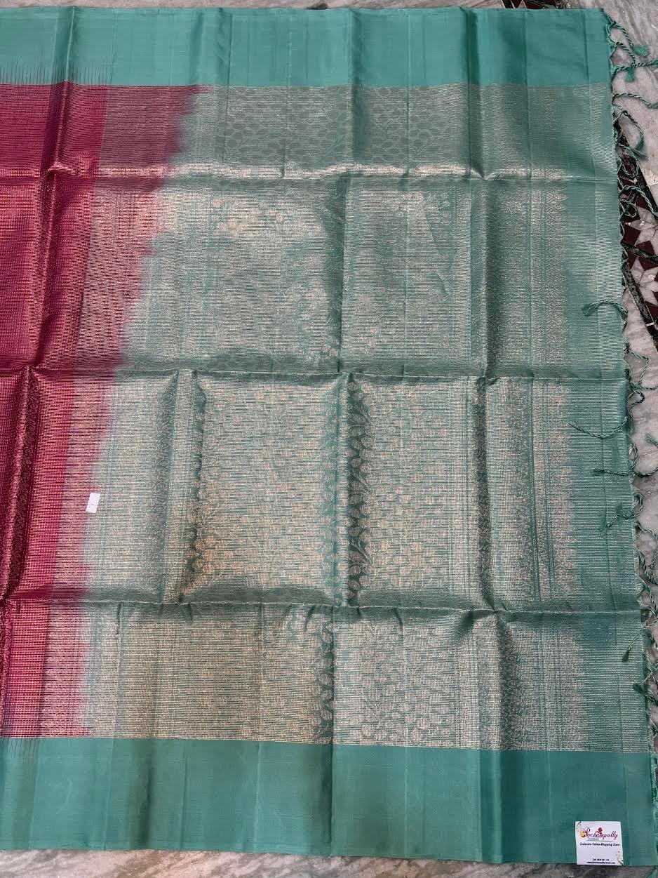 Luxurious Magenta &amp; Teal Soft Silk Tissue Saree with Intricate Zari Pallu | Lightweight Festive Wear - pochampallysarees.com
