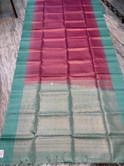 Luxurious Magenta &amp; Teal Soft Silk Tissue Saree with Intricate Zari Pallu | Lightweight Festive Wear - pochampallysarees.com