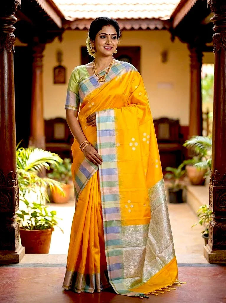 Soft Silk Saree Yellow | Latest Kanchi Design with Striped Zari Border &amp; Blouse Piece - pochampallysarees.com