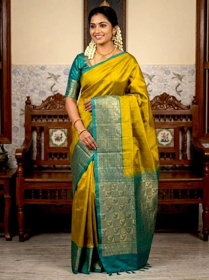 Mustard Yellow &amp; Teal Kanchi Soft Silk Saree with Geometric Zari Border - pochampallysarees.com
