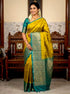 Mustard Yellow & Teal Kanchi Soft Silk Saree with Geometric Zari Border - pochampallysarees.com
