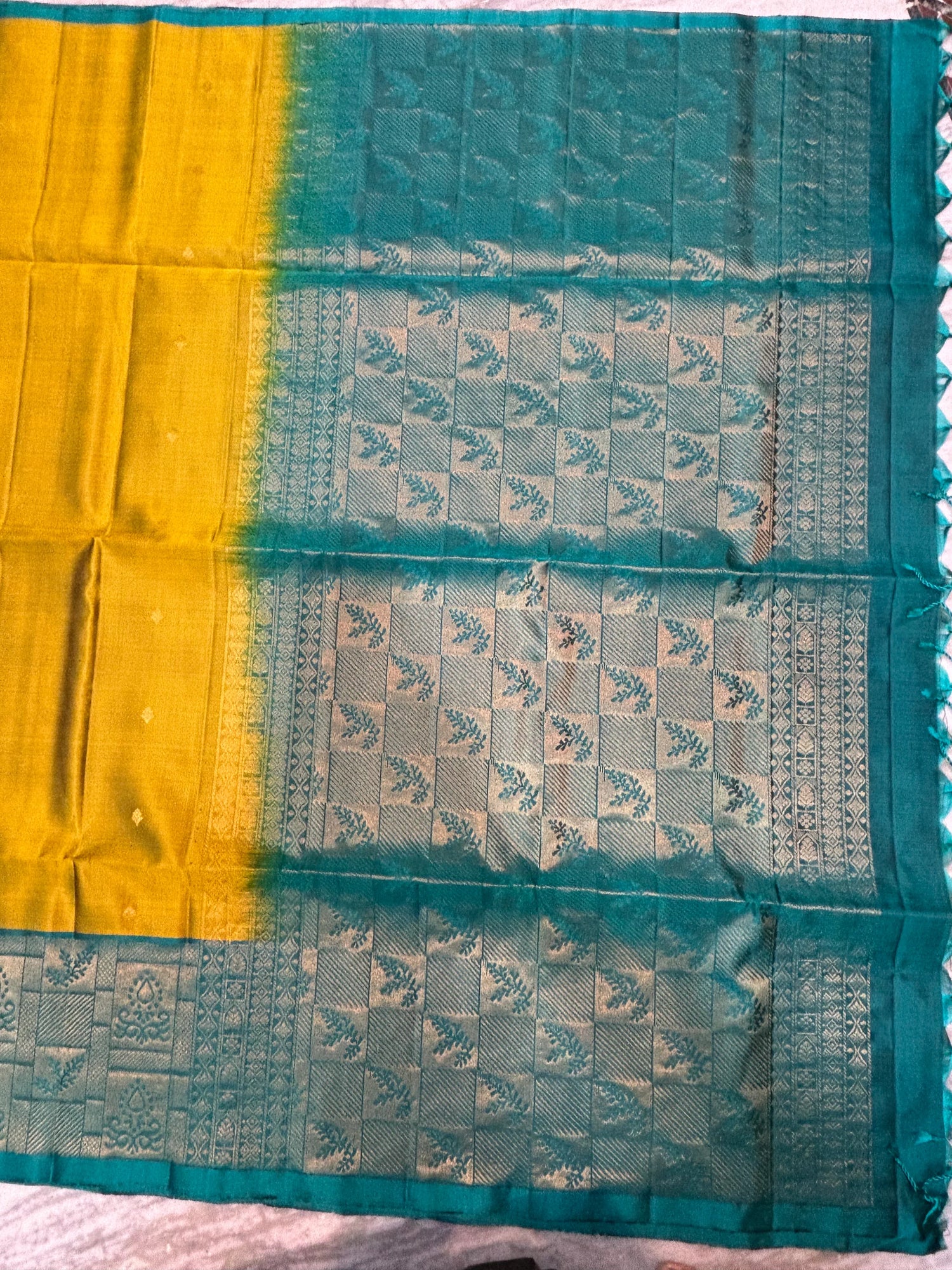 Mustard Yellow &amp; Teal Kanchi Soft Silk Saree with Geometric Zari Border - pochampallysarees.com