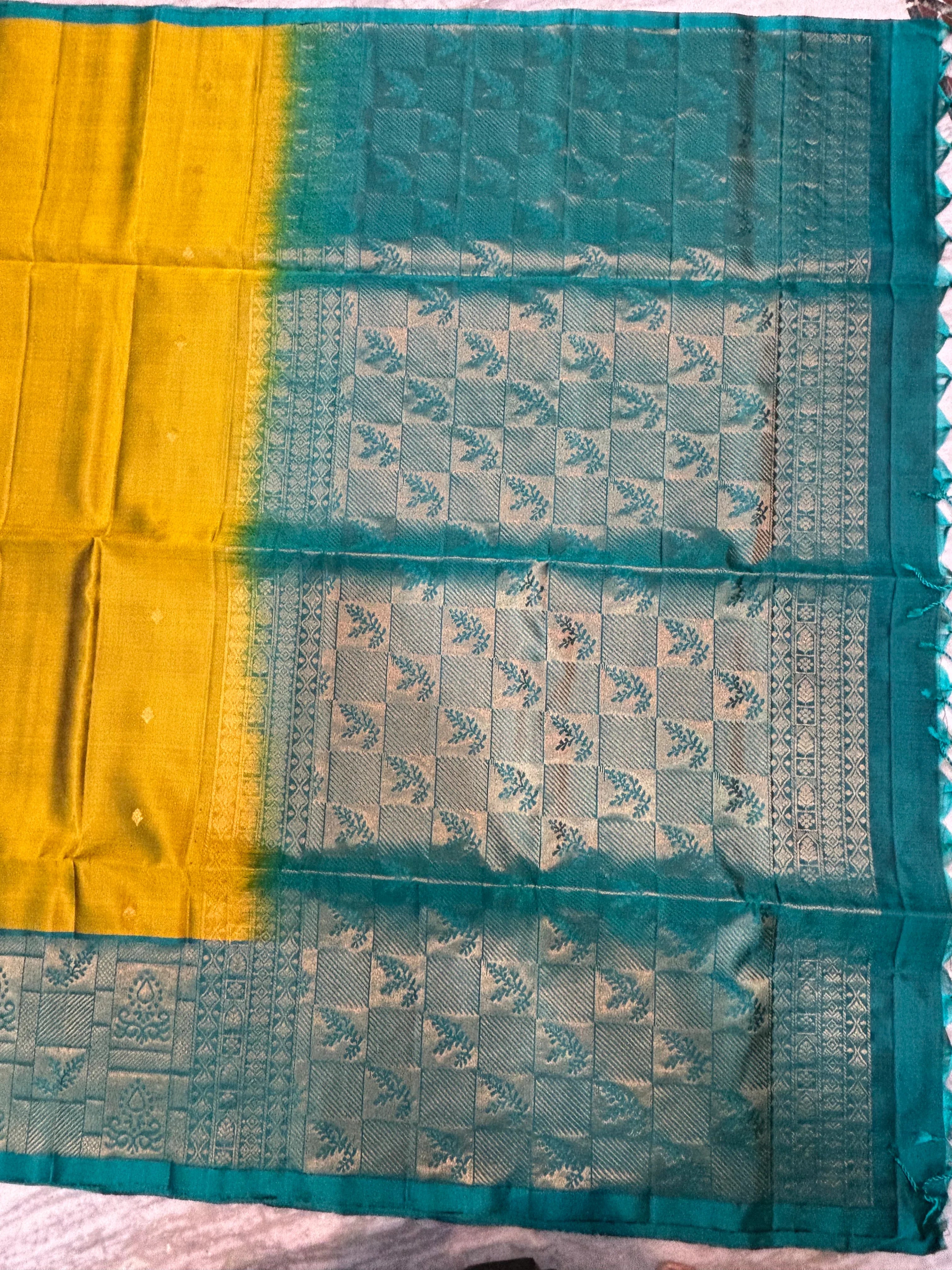 Mustard Yellow &amp; Teal Kanchi Soft Silk Saree with Geometric Zari Border - pochampallysarees.com