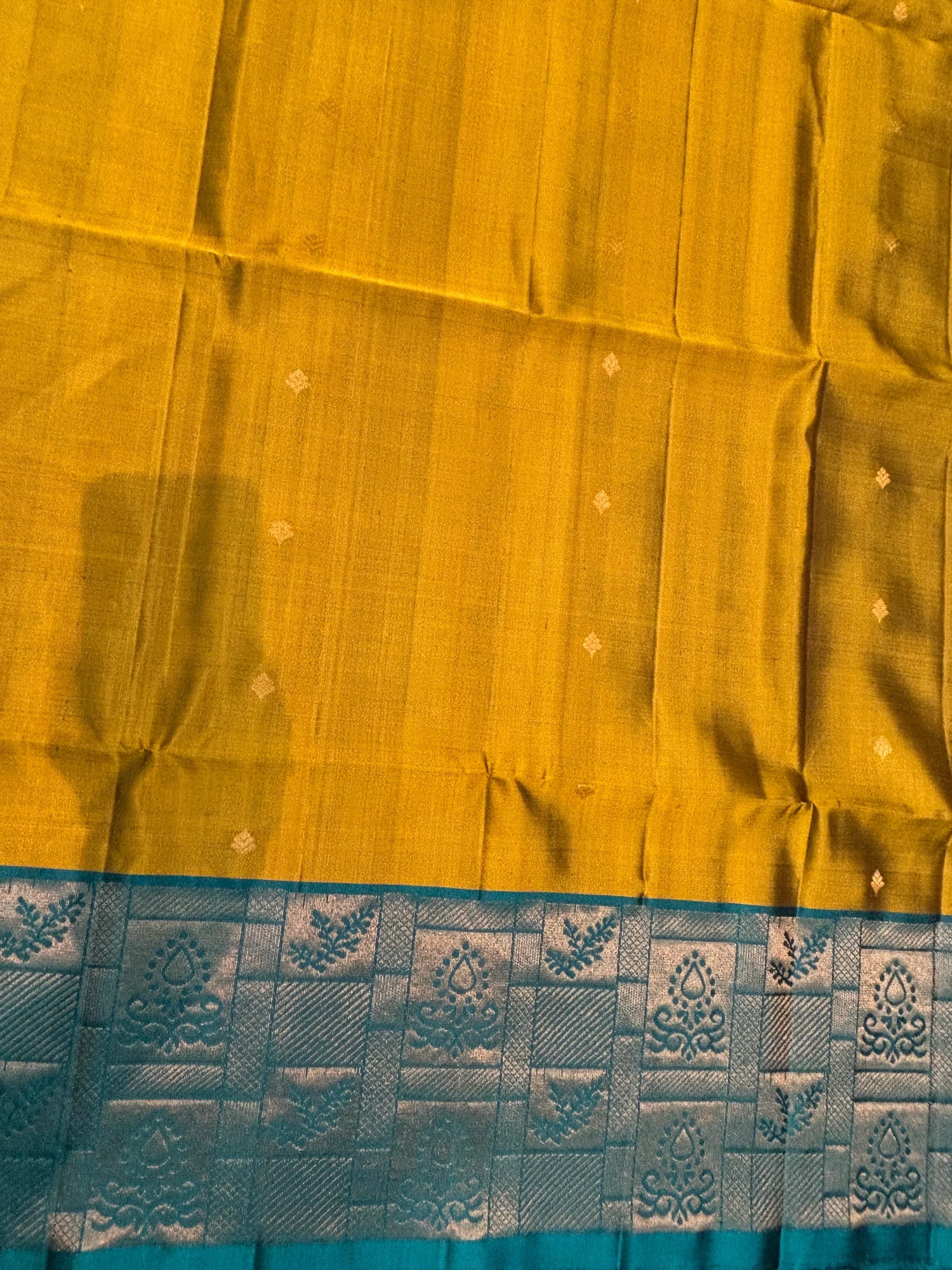 Mustard Yellow &amp; Teal Kanchi Soft Silk Saree with Geometric Zari Border - pochampallysarees.com