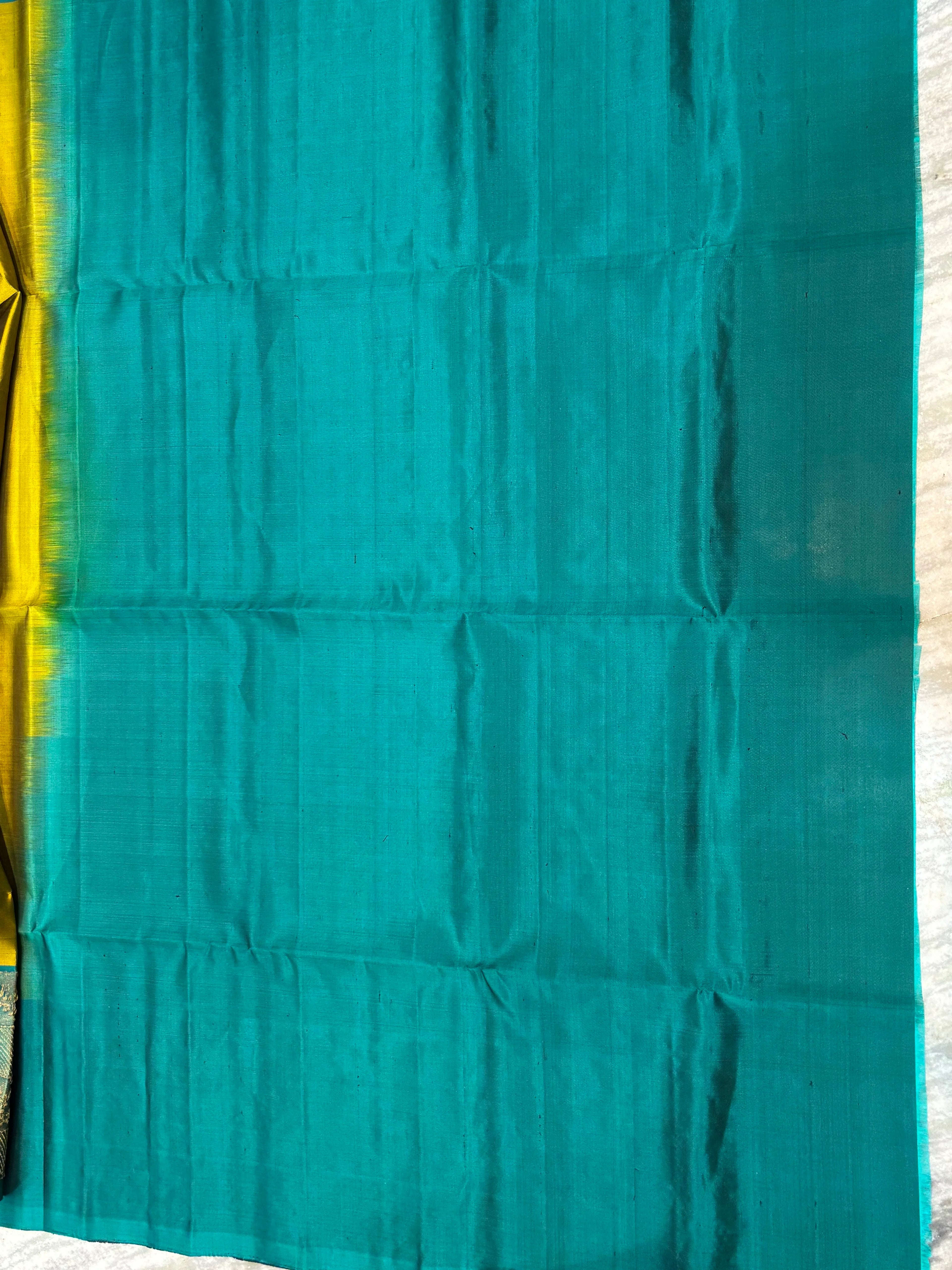 Mustard Yellow &amp; Teal Kanchi Soft Silk Saree with Geometric Zari Border - pochampallysarees.com