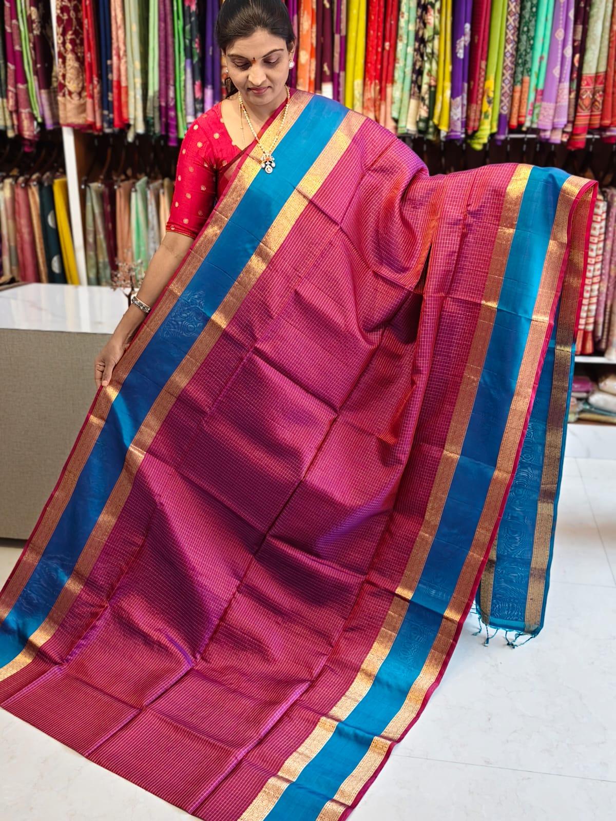 PURE KANCHIPURAM SILK PINK CHECKS SARI - pochampallysarees.com