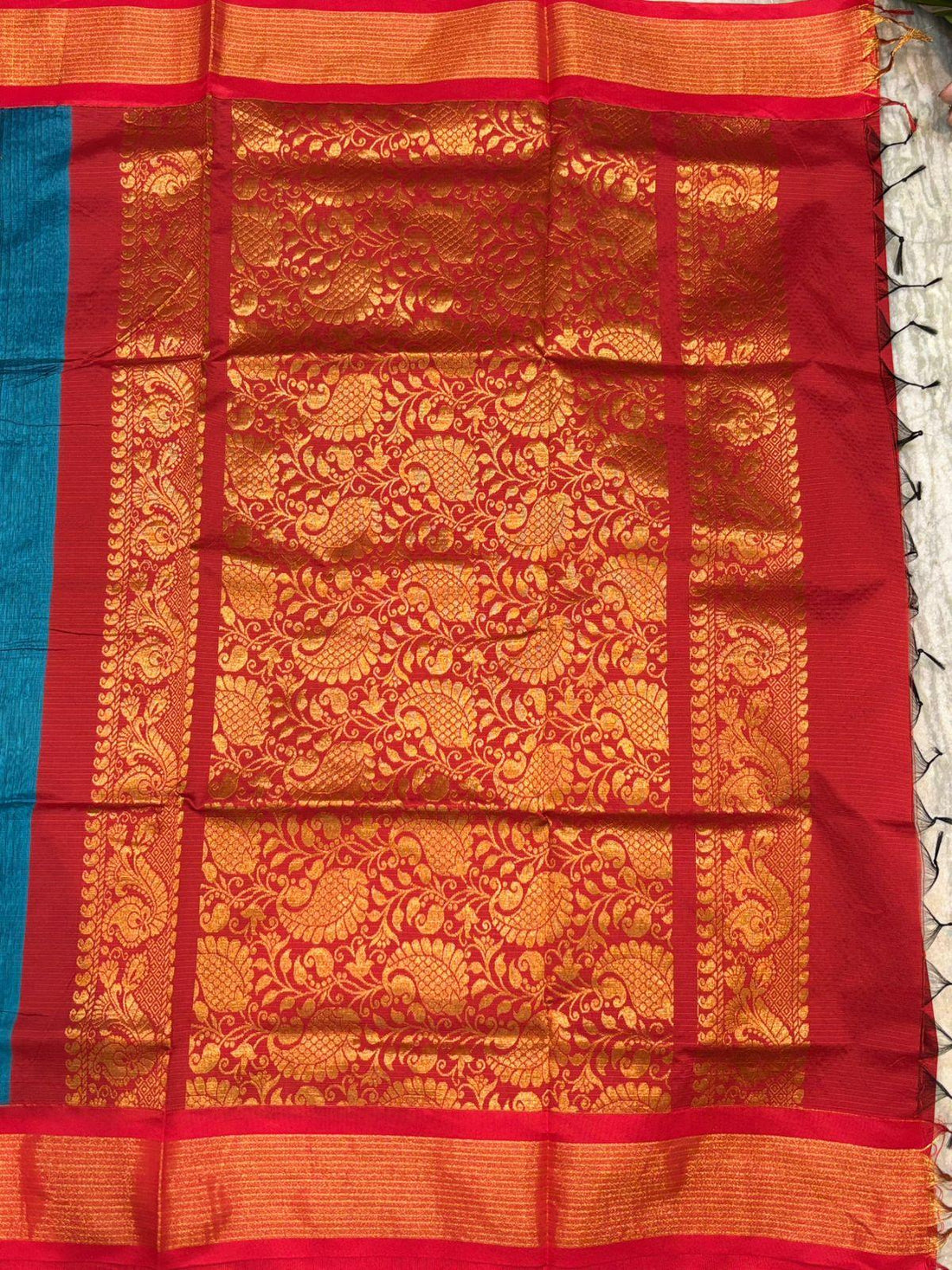 Pure Kuppadam Silk Cotton Saree with Traditional Zari Border and Rich Pallu – Teal &amp; Crimson Red - pochampallysarees.com