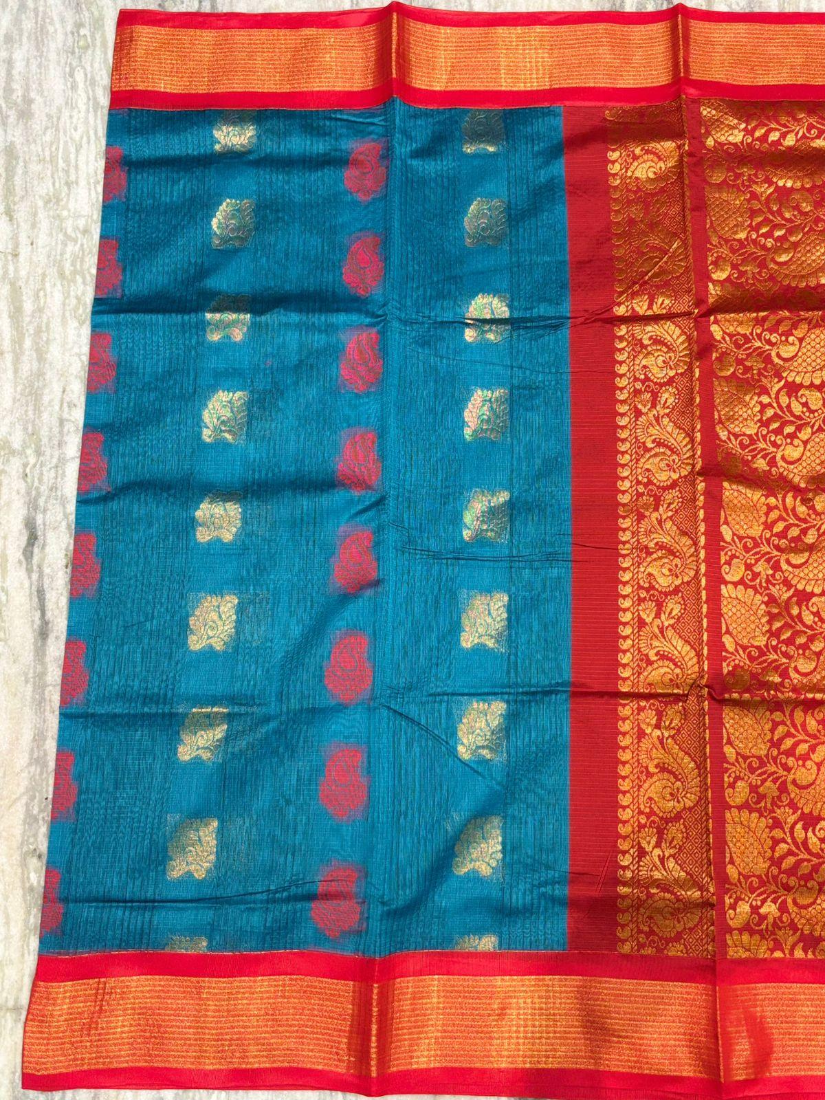 Pure Kuppadam Silk Cotton Saree with Traditional Zari Border and Rich Pallu – Teal &amp; Crimson Red - pochampallysarees.com