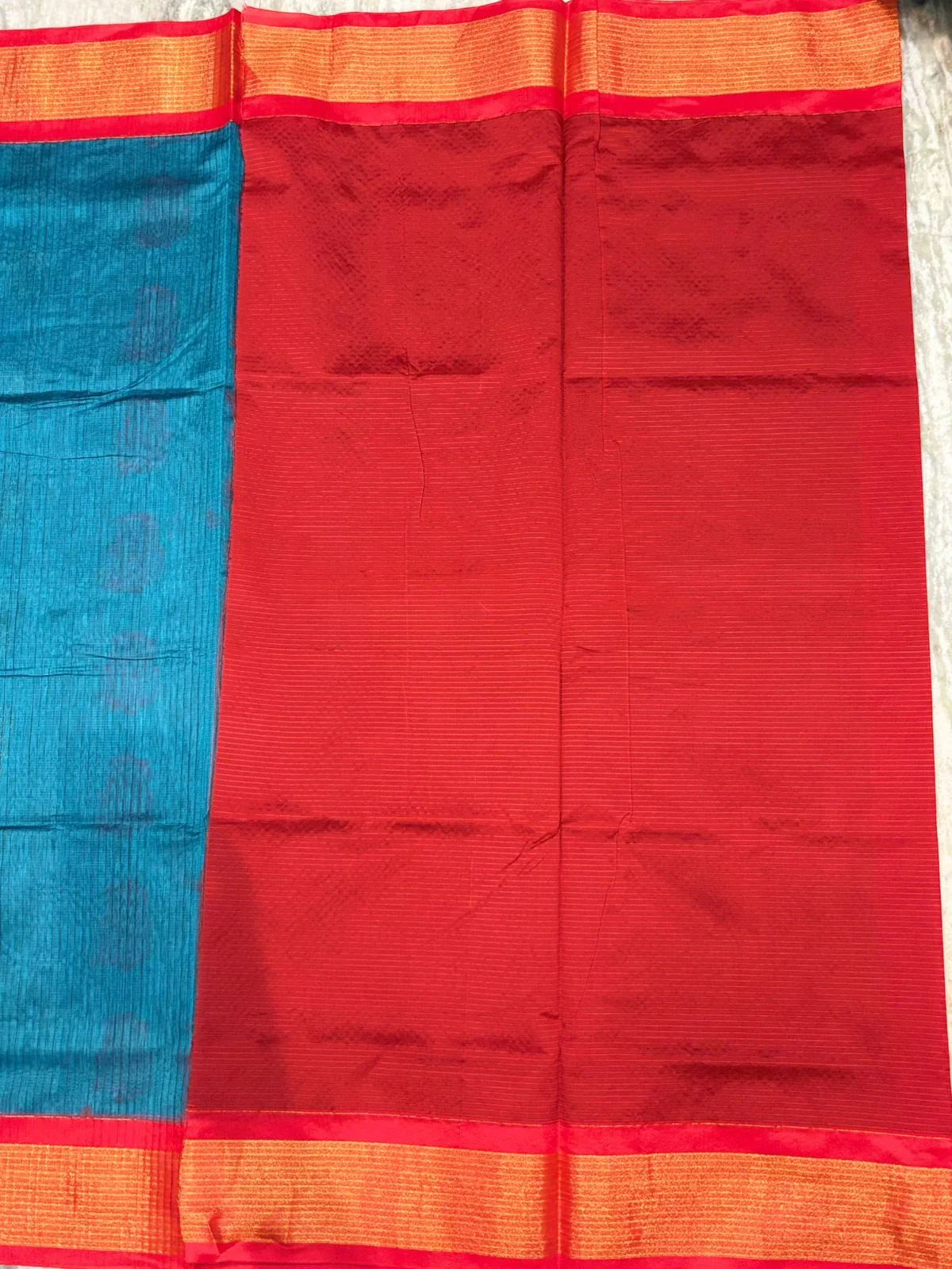 Pure Kuppadam Silk Cotton Saree with Traditional Zari Border and Rich Pallu – Teal &amp; Crimson Red - pochampallysarees.com