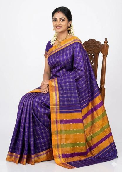 Elegant Royal Blue Kuppadam Pattu Saree with Zari Checks &amp; Vibrant Multi-Color Pallu - pochampallysarees.com