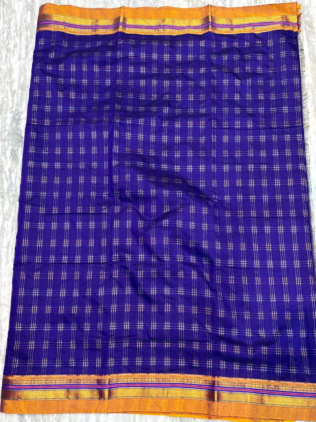 Elegant Royal Blue Kuppadam Pattu Saree with Zari Checks &amp; Vibrant Multi-Color Pallu - pochampallysarees.com