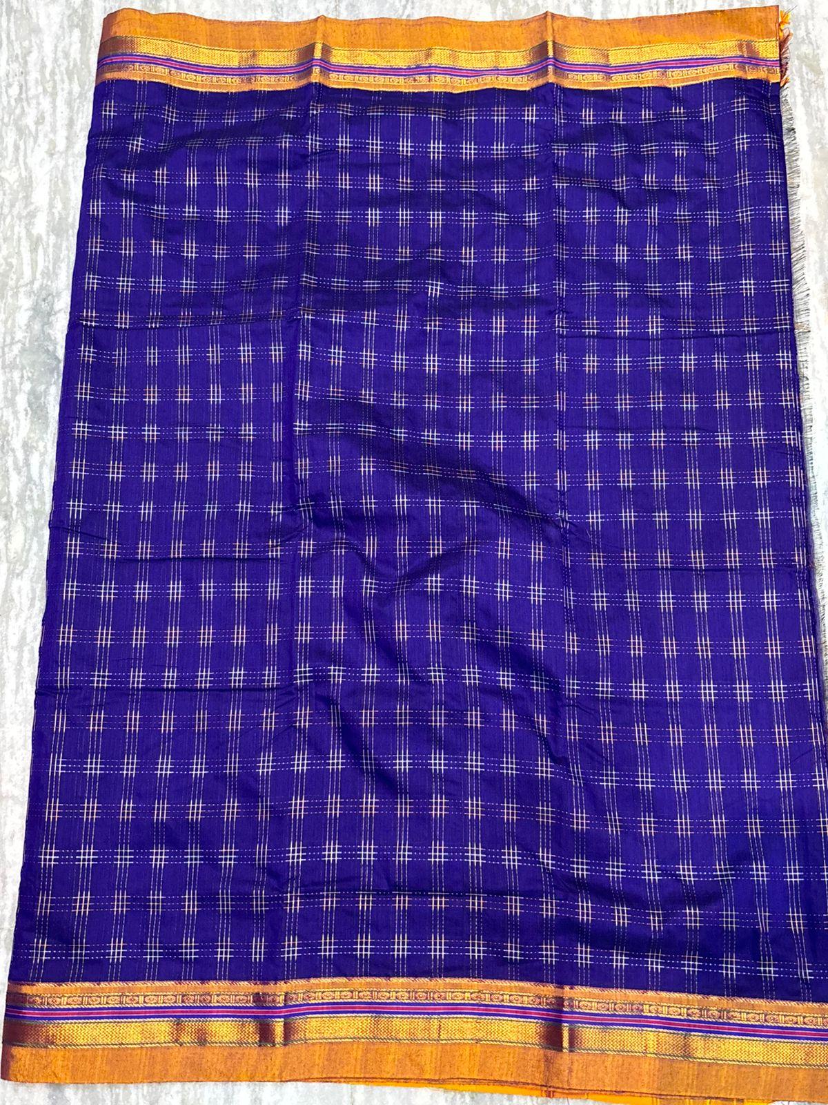 Elegant Royal Blue Kuppadam Pattu Saree with Zari Checks &amp; Vibrant Multi-Color Pallu - pochampallysarees.com
