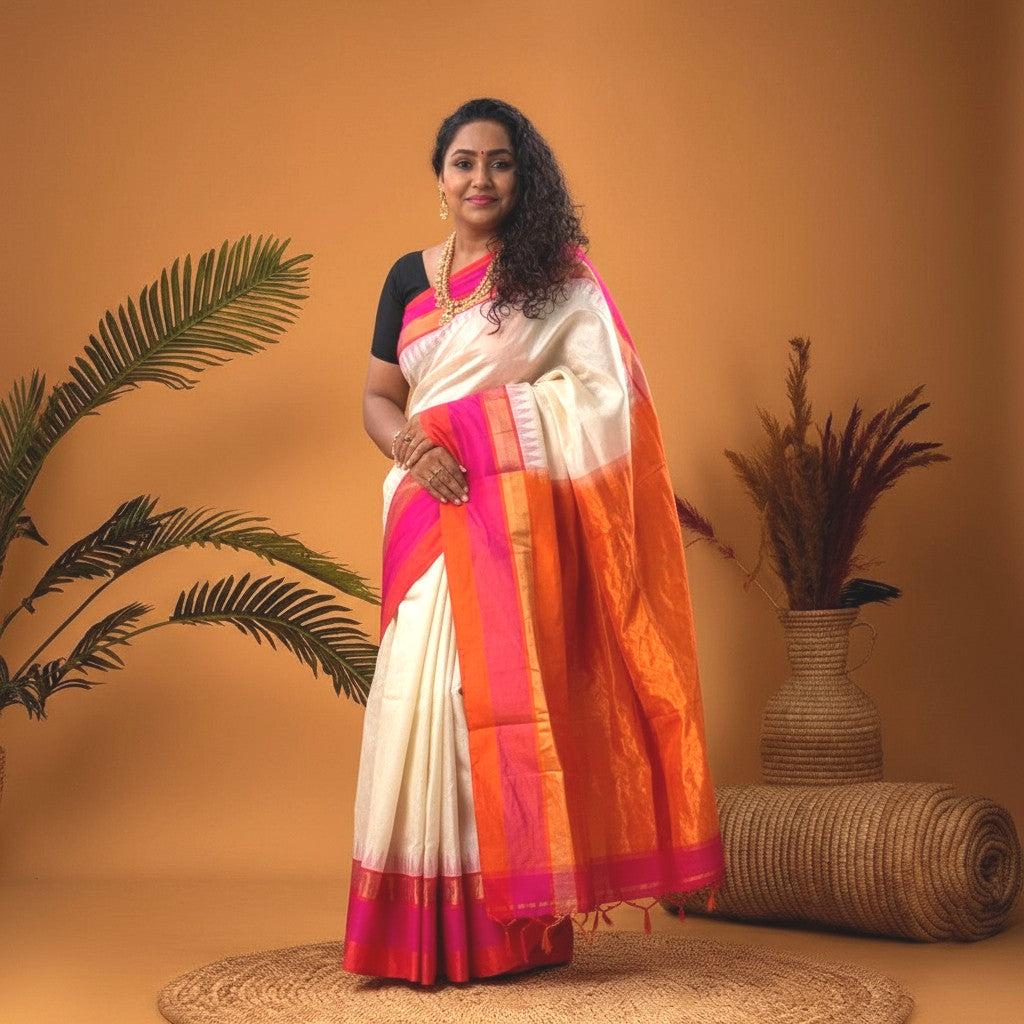 Kuppadam-Cream-Orange-Sari-pochampallysarees.com