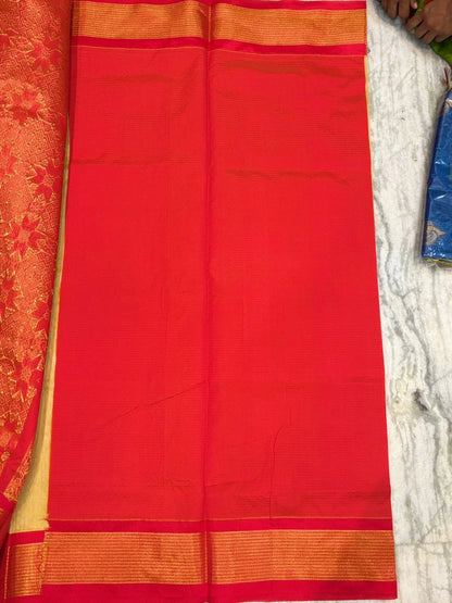 Pure Kuppadam Silk Cotton Saree with Traditional Korvai Zari Border and Rich Pallu – Handwoven Yellow &amp; Red - pochampallysarees.com